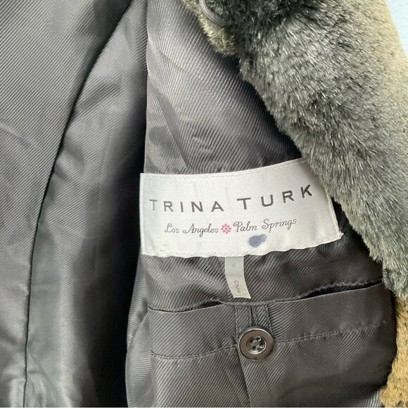 Trina Turk Faux Fur Short Jacket Oversized Collar Khaki Tan Green SUPER SOFT 6 - Picture 4 of 7